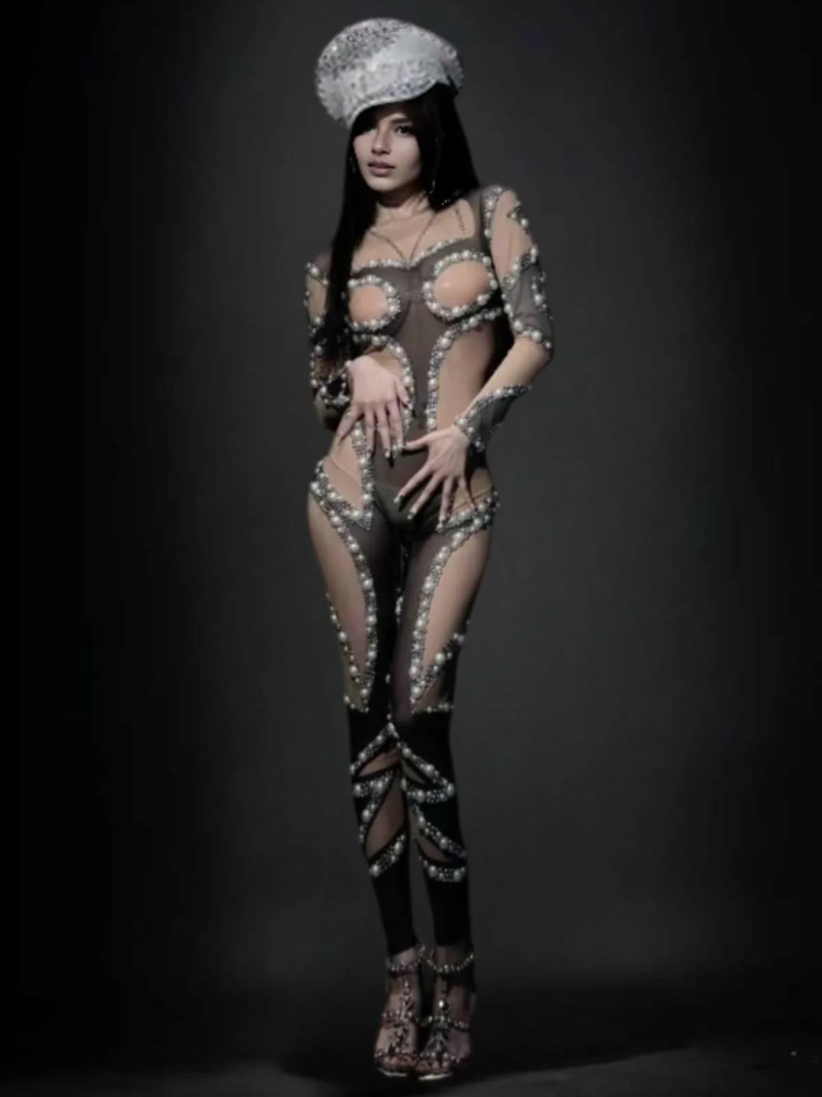 Pearl Mesh Elegant Long Sleeve Jumpsuit