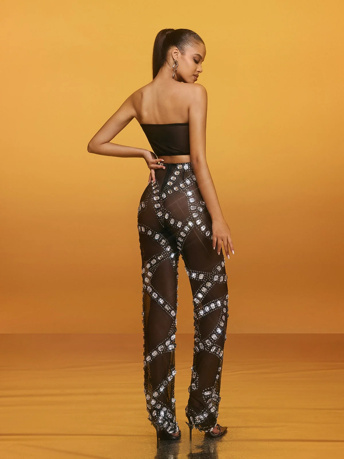 Sparkling Mesh Pants Set - Glamorous Rhinestone Detailing