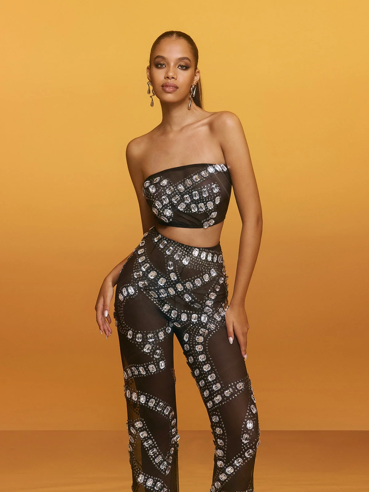 Sparkling Mesh Pants Set - Glamorous Rhinestone Detailing