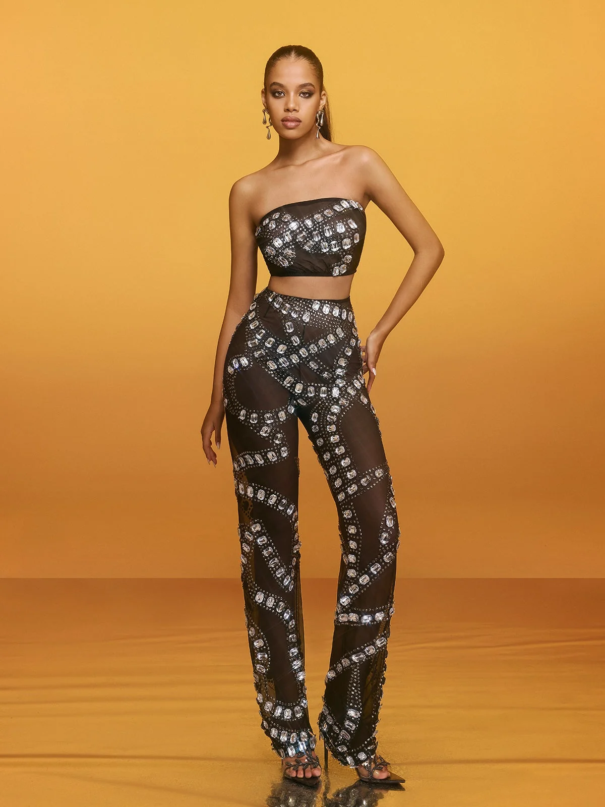 Sparkling Mesh Pants Set - Glamorous Rhinestone Detailing