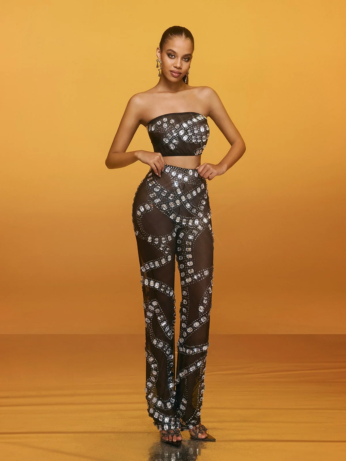 Sparkling Mesh Pants Set - Glamorous Rhinestone Detailing