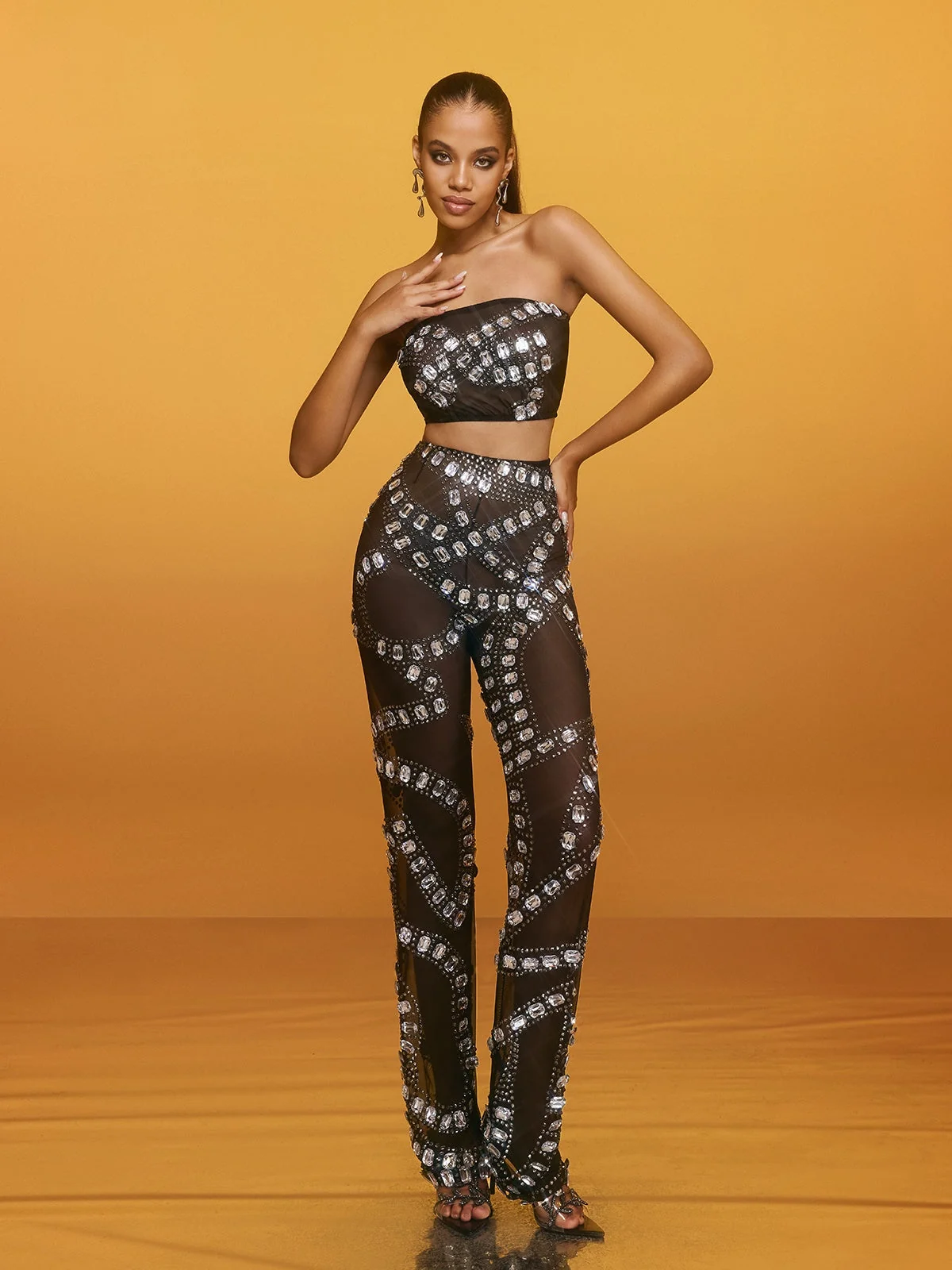 Sparkling Mesh Pants Set - Glamorous Rhinestone Detailing