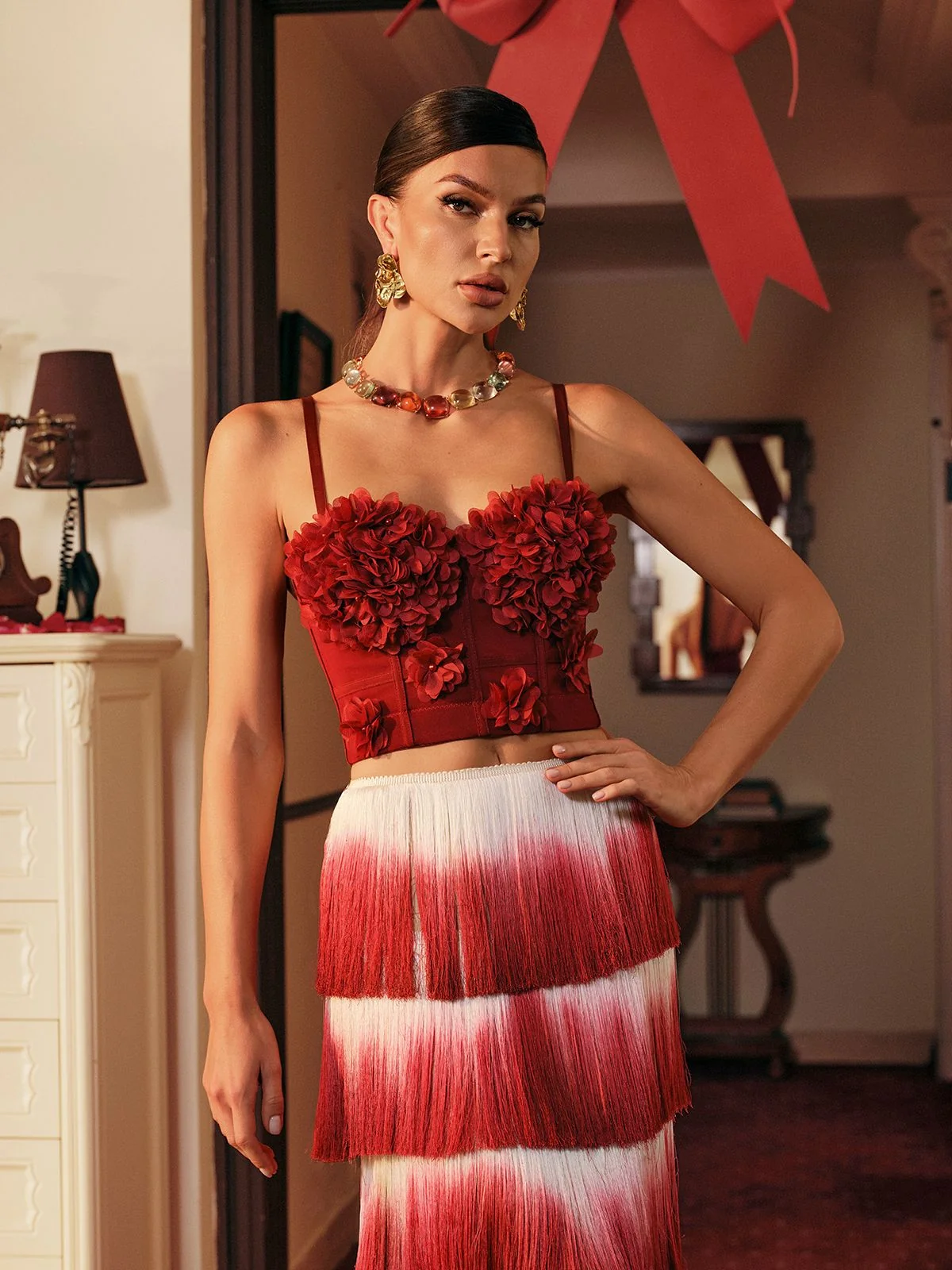 Elegant Floral Spaghetti Strap Top in Red | Clearance Sale