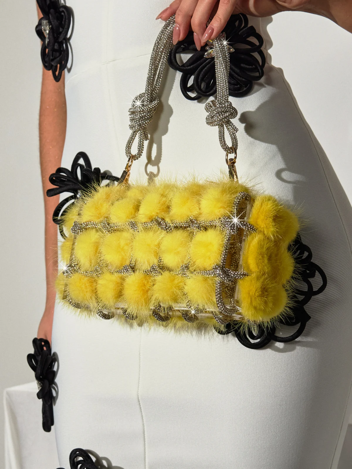 Luxurious Crystal Detail Faux Fur Bag - Elegant Statement Piece