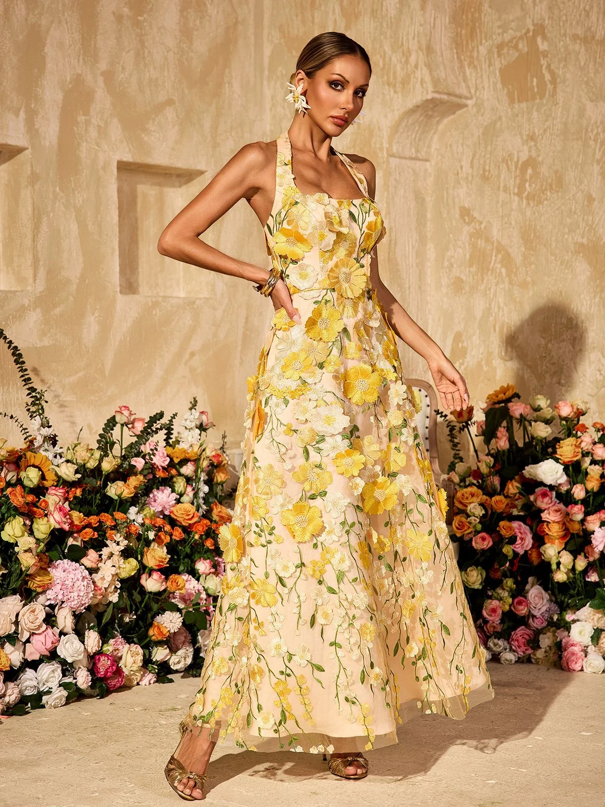 Yellow Floral Halterneck Maxi Dress