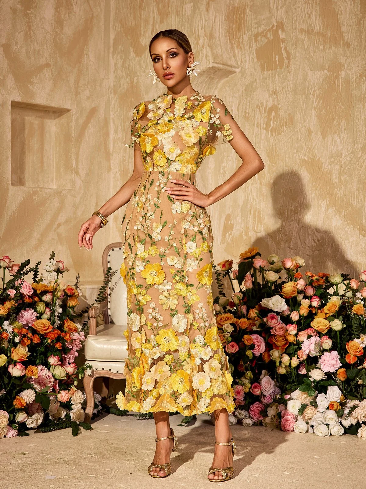 Yellow Embroidered Floral Tea Dress
