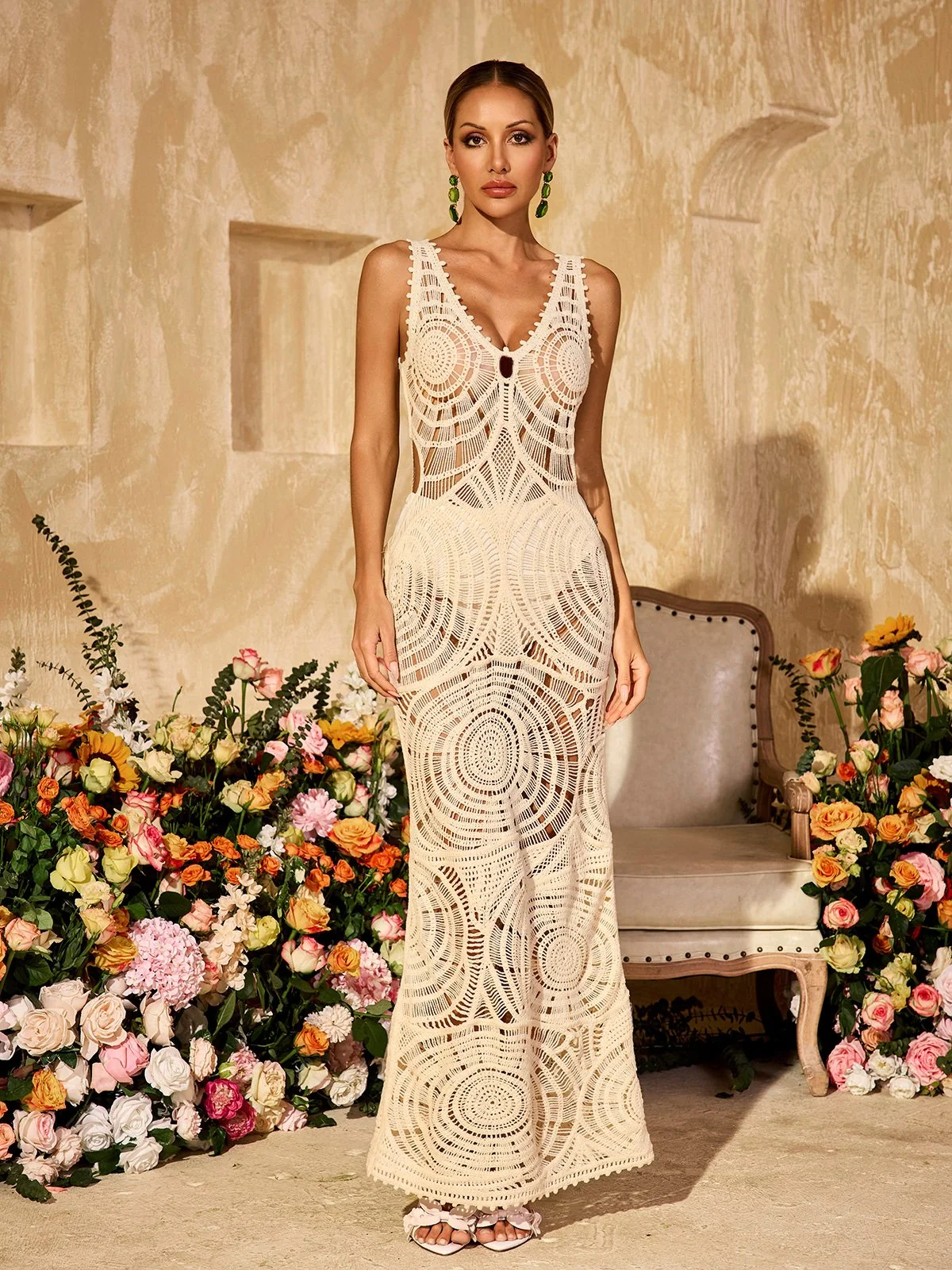 Beige Knit V Neck Maxi Dress - Elegant Comfort and Style