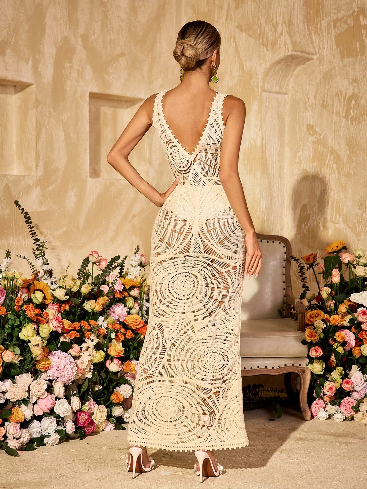 Beige Knit V Neck Maxi Dress - Elegant Comfort and Style