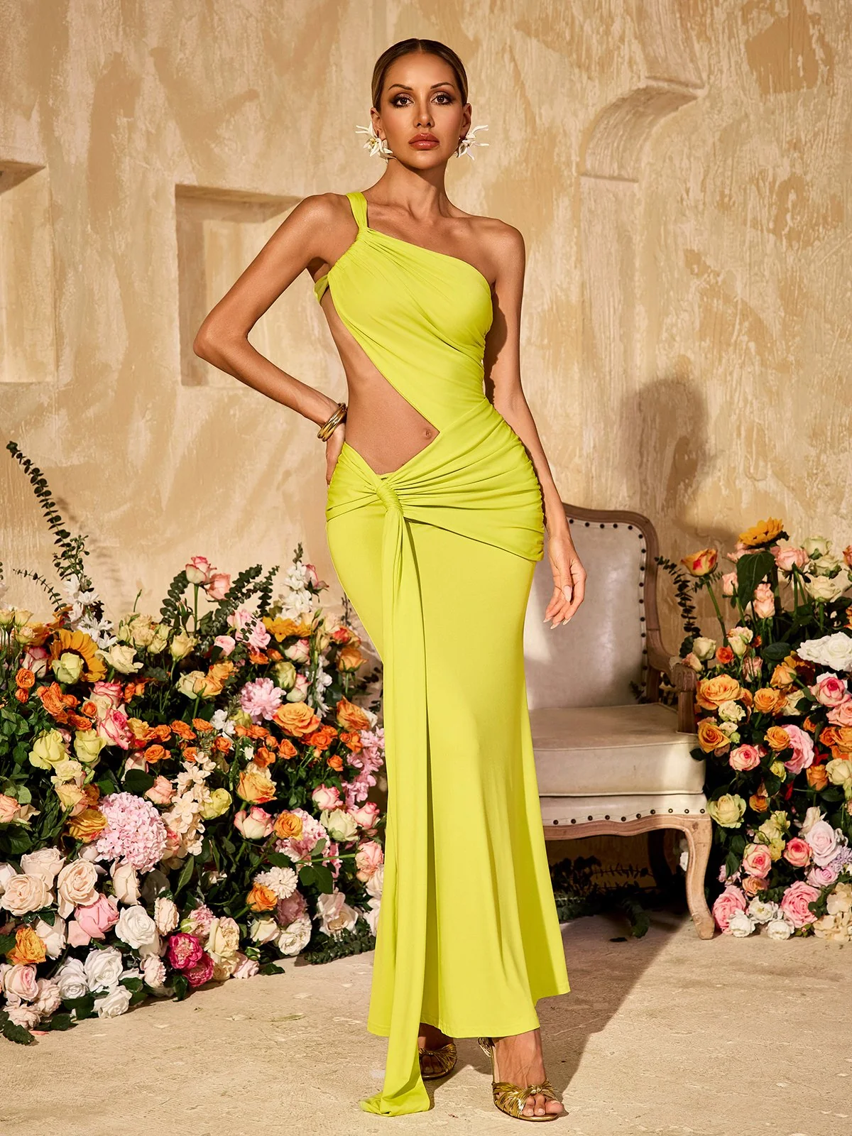 Lime Yellow Cutout Draped Maxi Dress - Stylish & Versatile