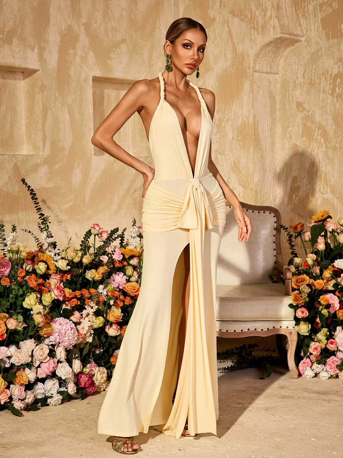 Apricot Plunge Neck Ruched Maxi Dress