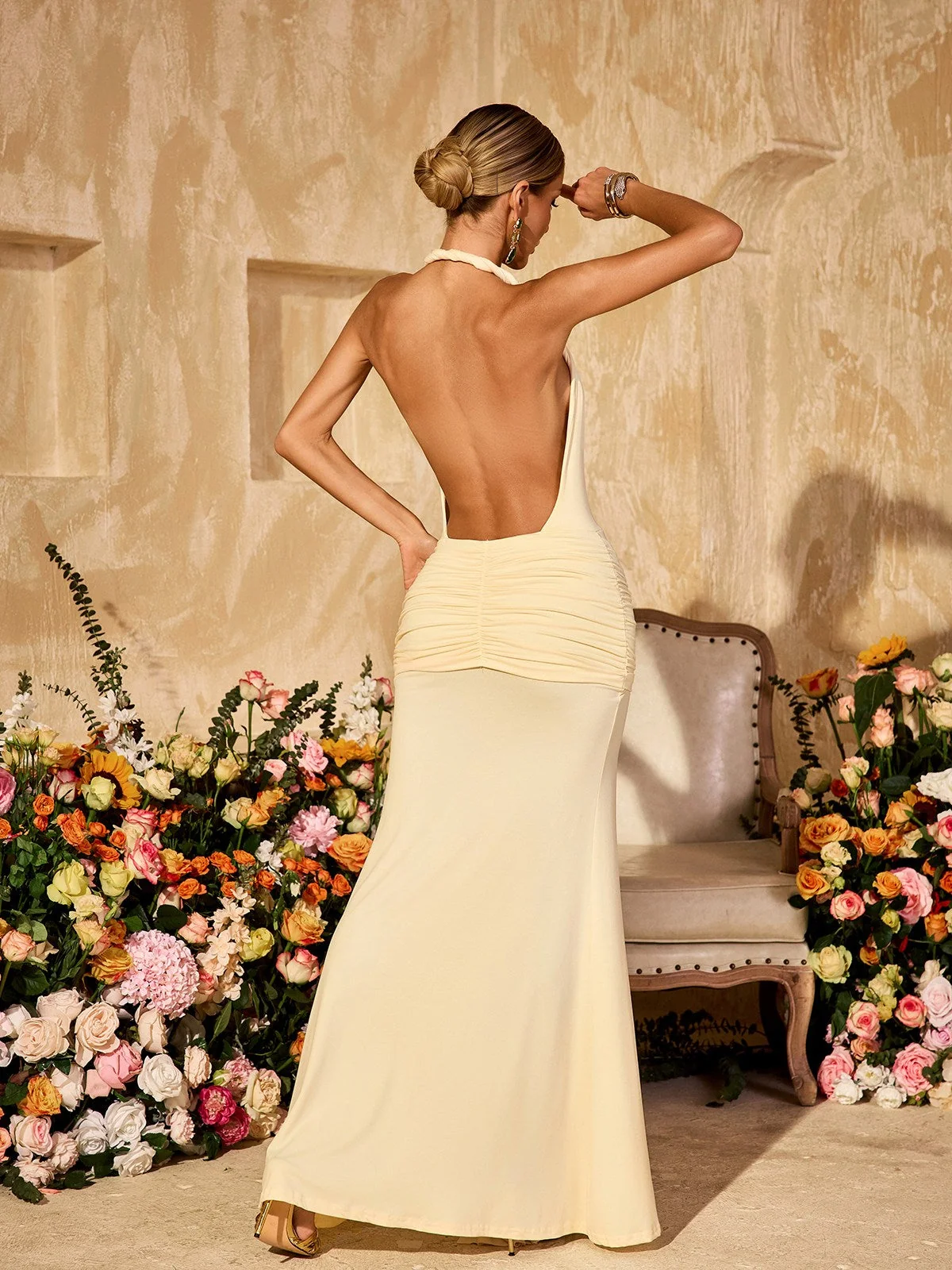 Apricot Plunge Neck Ruched Maxi Dress