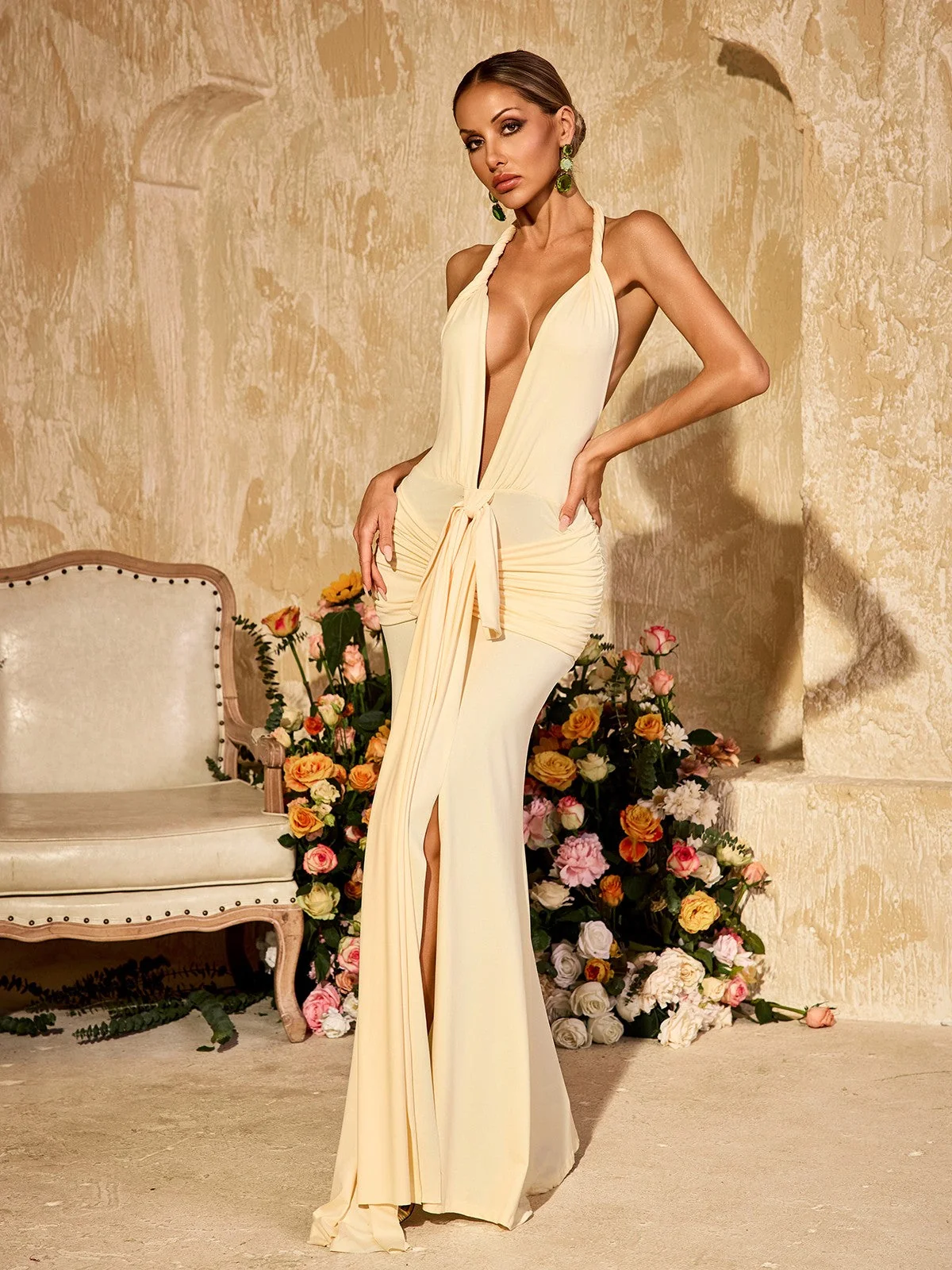 Apricot Plunge Neck Ruched Maxi Dress