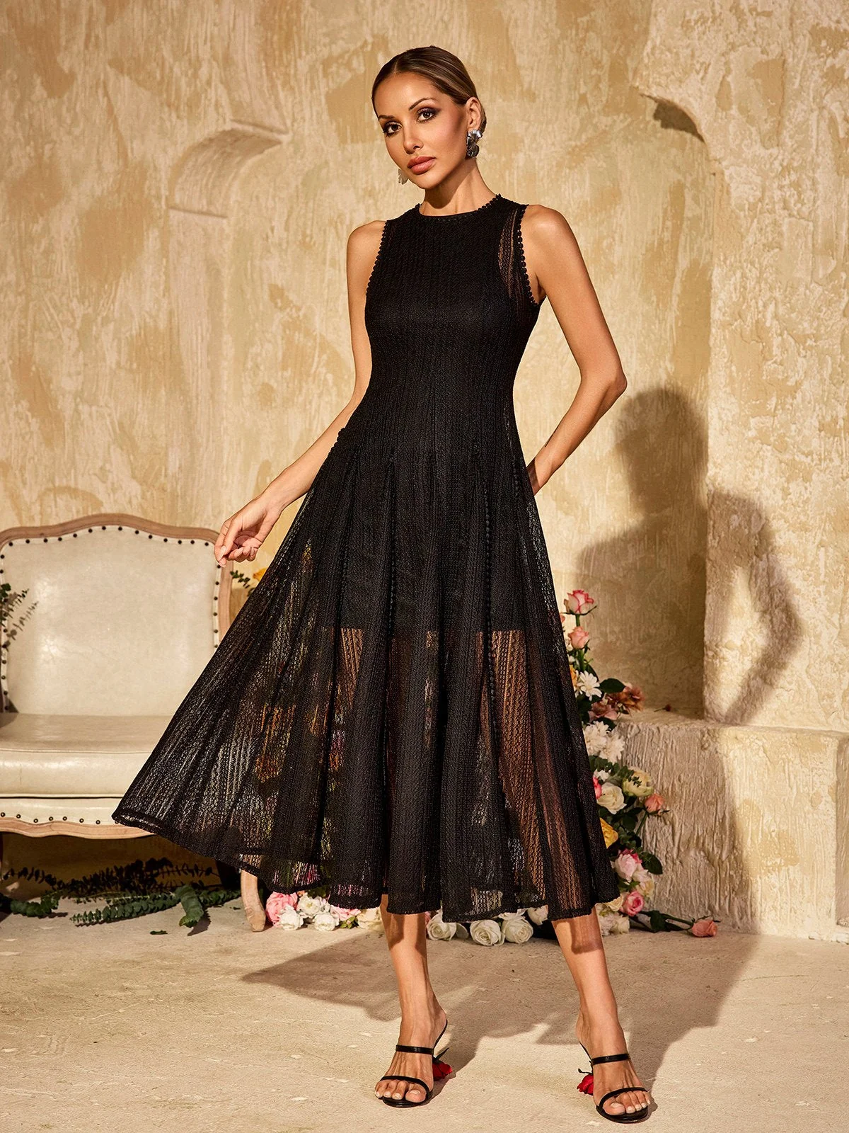 Elegant Black Knit Sleeveless Midi Dress for Women