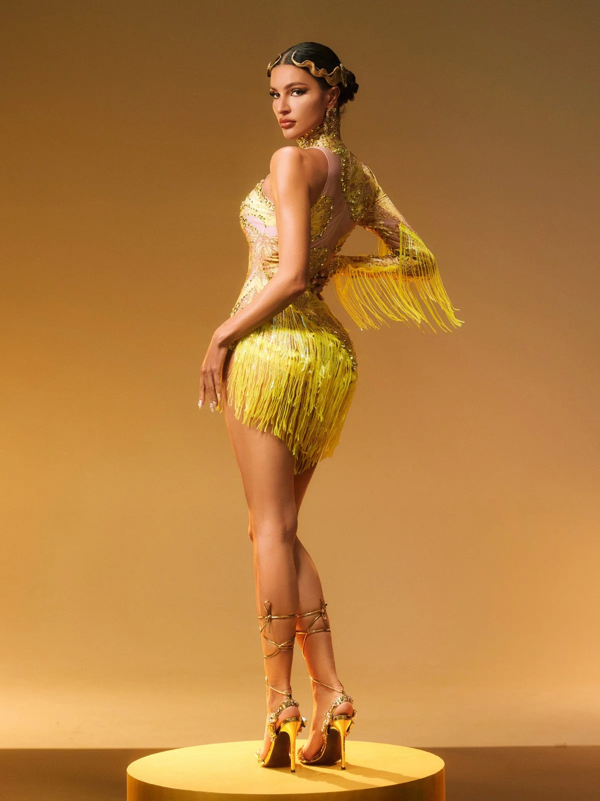 Yellow Rhinestone Fringe Jumpsuit