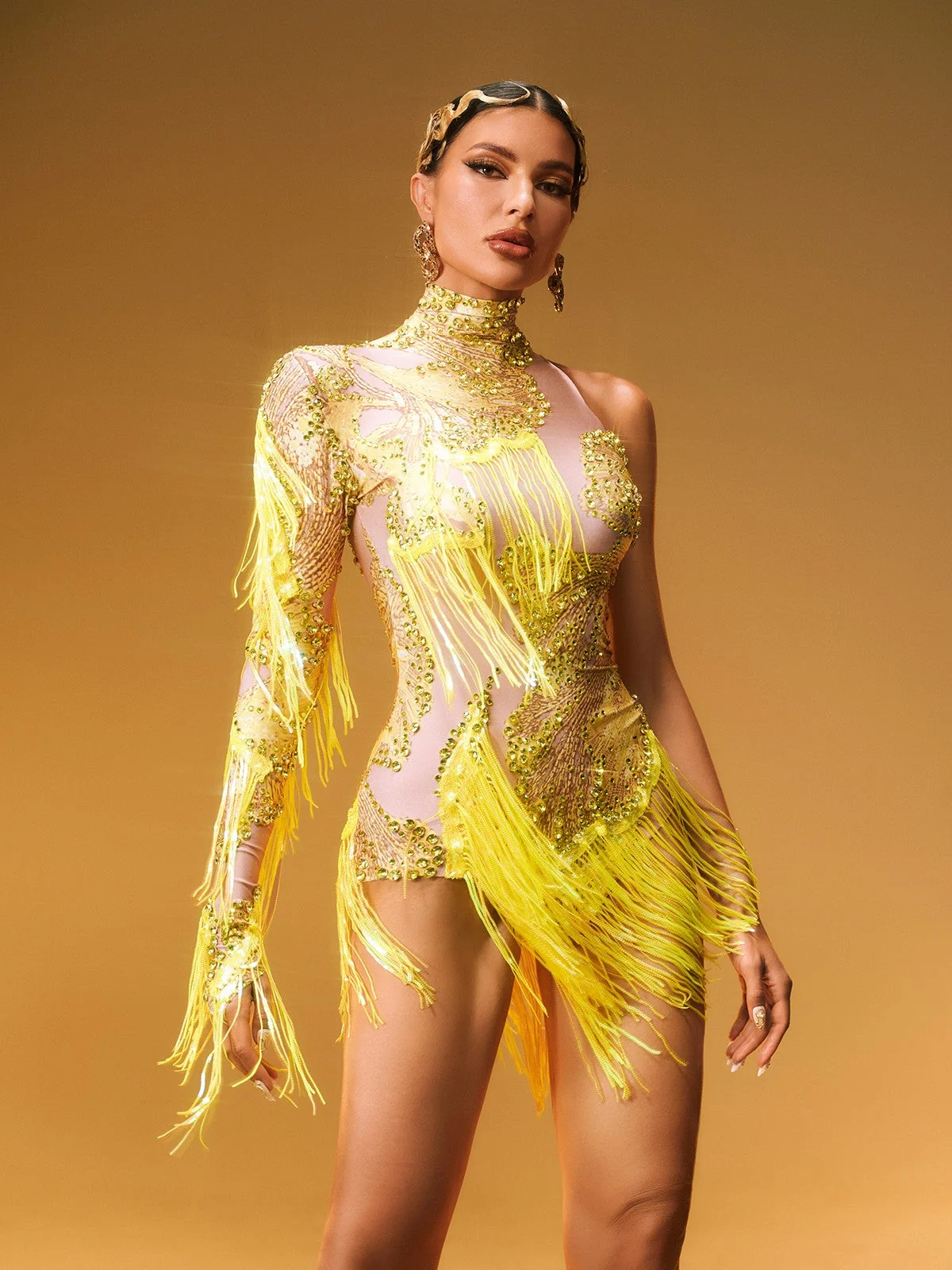 Yellow Rhinestone Fringe Jumpsuit