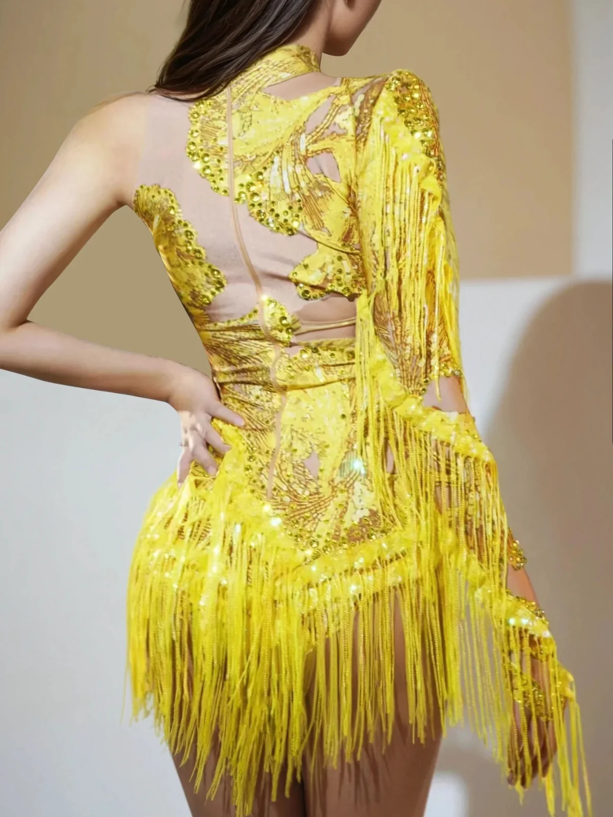 Yellow Rhinestone Fringe Jumpsuit