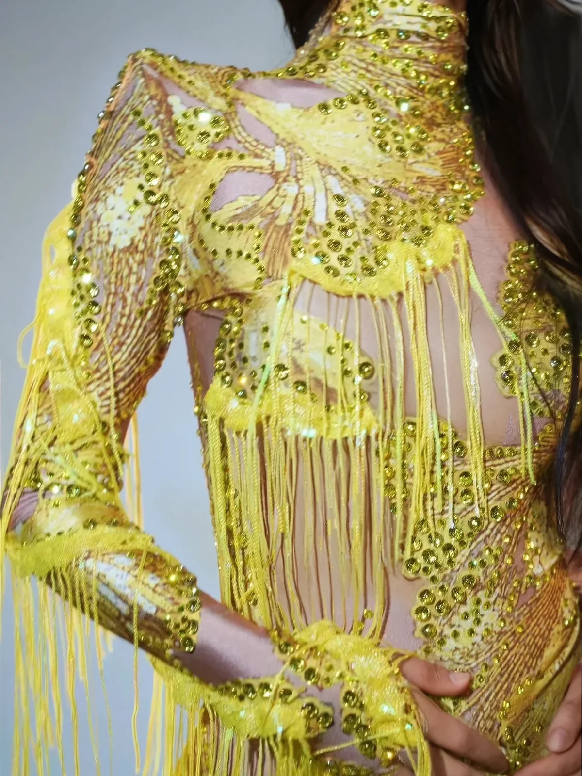 Yellow Rhinestone Fringe Jumpsuit