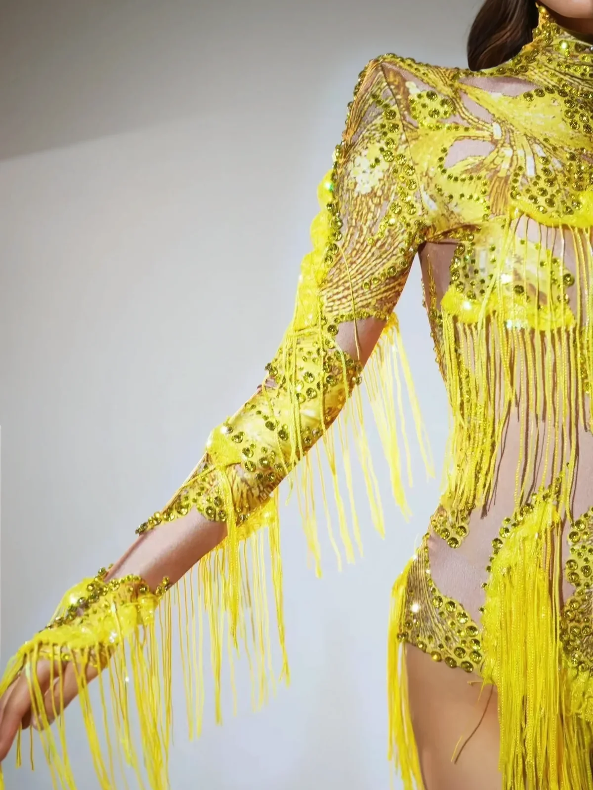 Yellow Rhinestone Fringe Jumpsuit