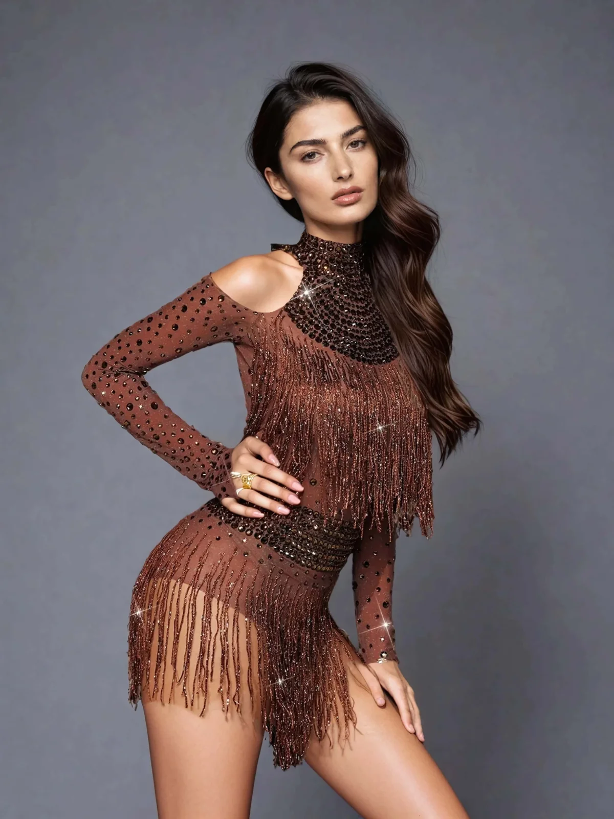 Rhinestone Fringe Jumpsuit in Polyester Blend