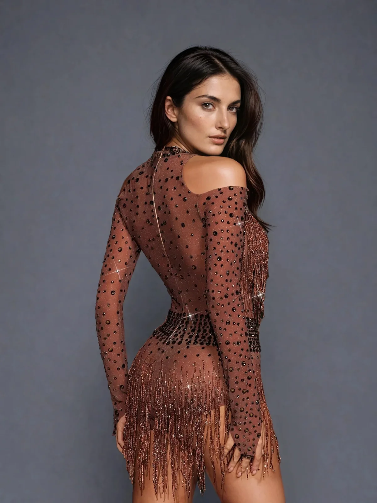 Rhinestone Fringe Jumpsuit in Polyester Blend