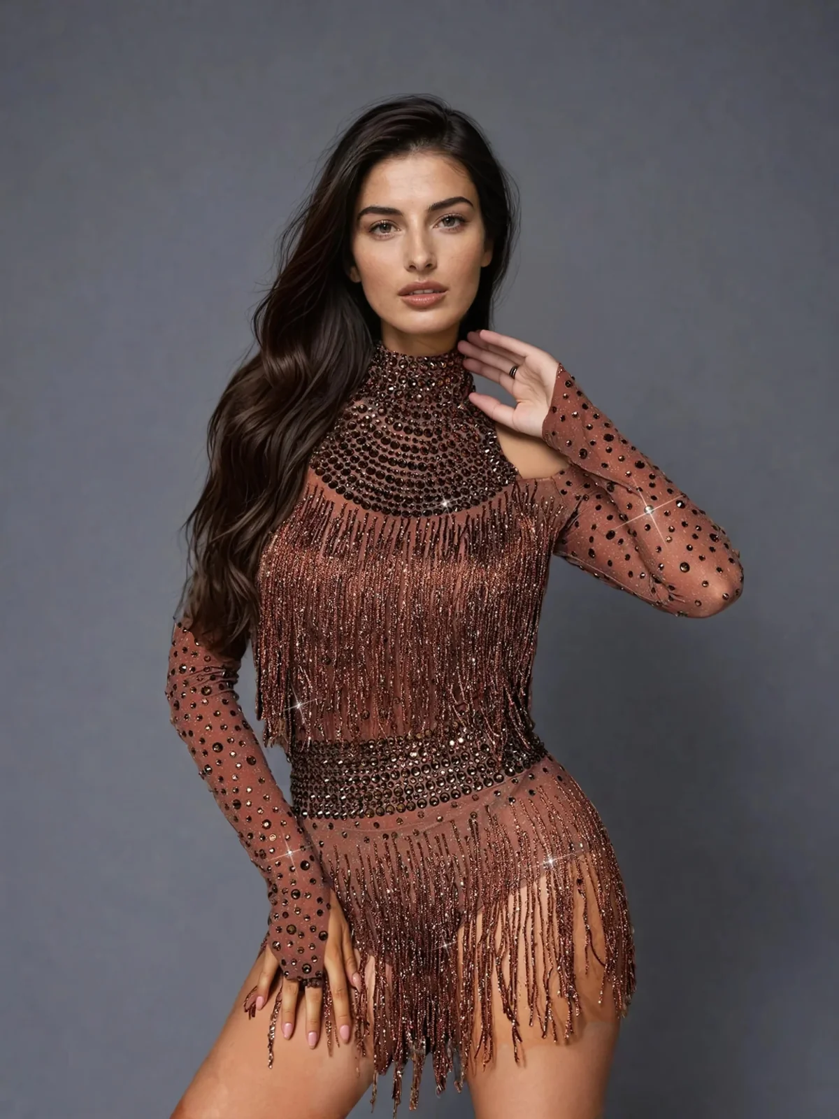 Rhinestone Fringe Jumpsuit in Polyester Blend