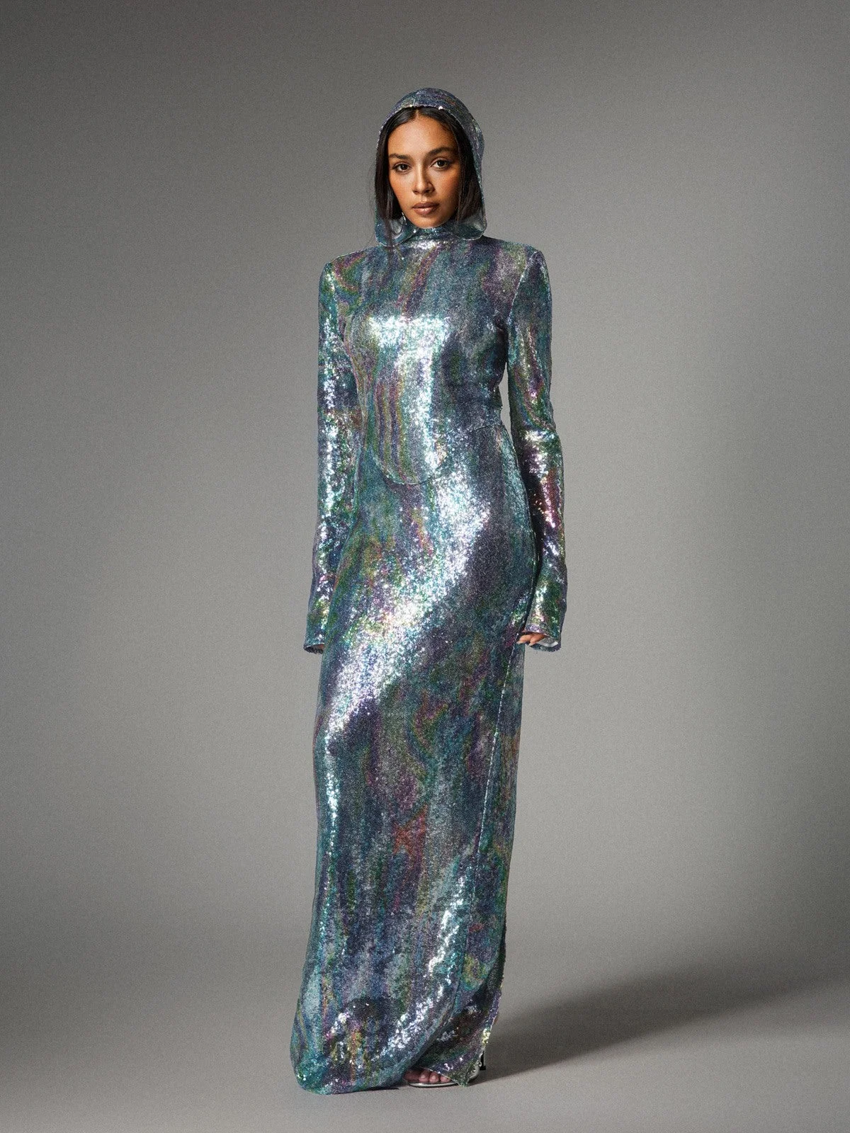 Light Blue Ombre Long Sleeve Hooded Maxi Dress
