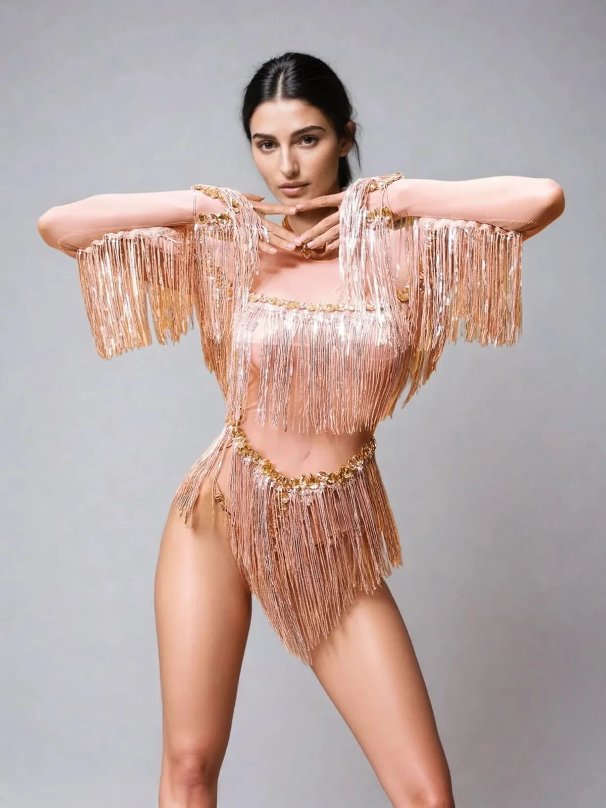 Nude Fringe Long Sleeve Jumpsuit