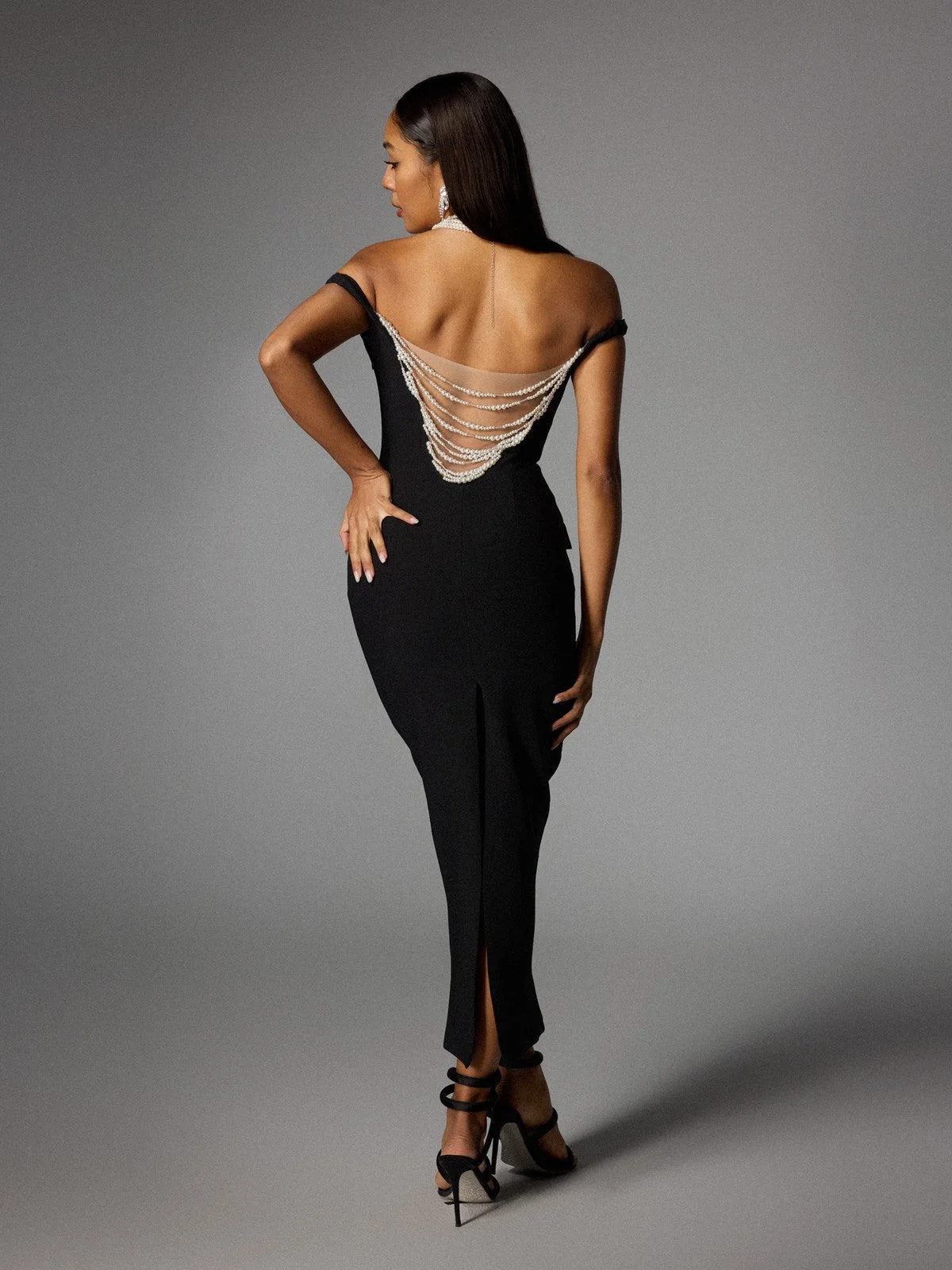 Elegant Pearl Embellished Backless Black Midi Dress