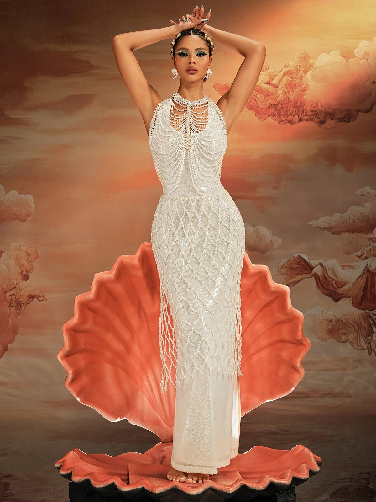 Elegant Pearl Embellished White Skirt