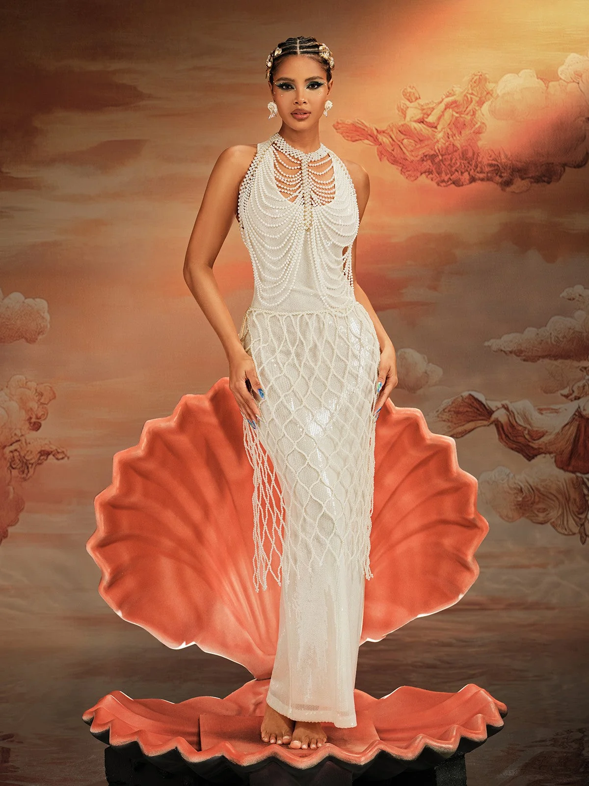 Elegant Pearl Embellished White Skirt