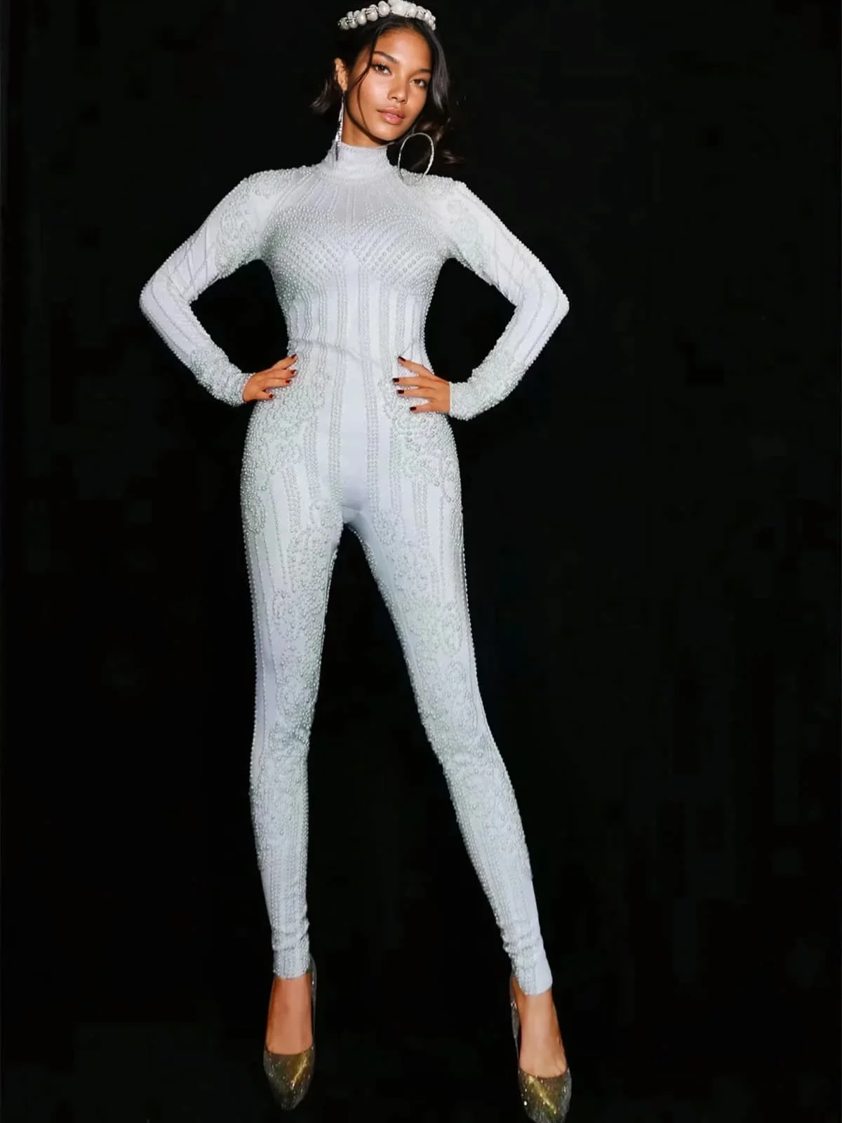 Embellished High Neck Jumpsuit in White - Chic & Versatile