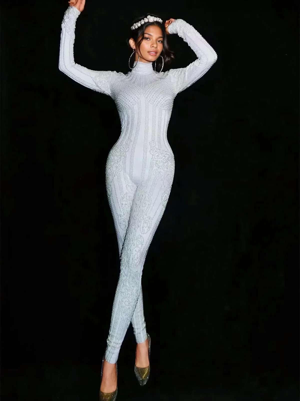 Embellished High Neck Jumpsuit in White - Chic & Versatile