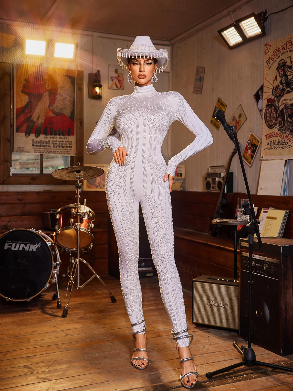 Embellished High Neck Jumpsuit in White - Chic & Versatile