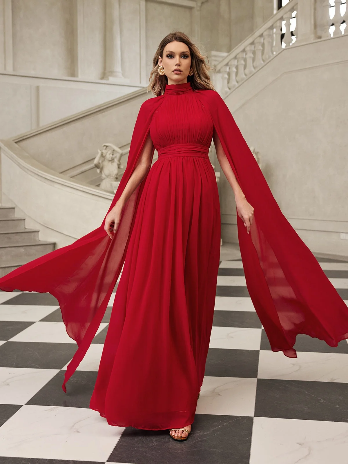 Red Mesh Cape Sleeve Maxi Dress