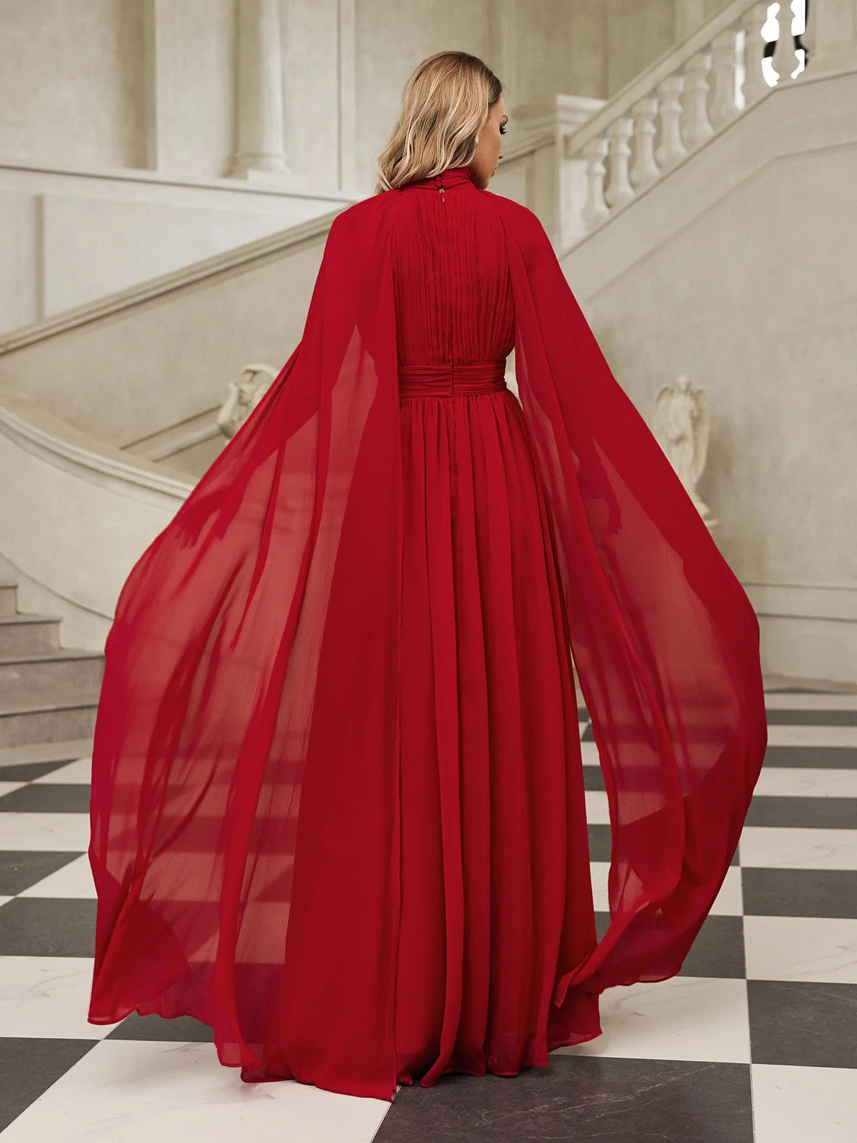Red Mesh Cape Sleeve Maxi Dress