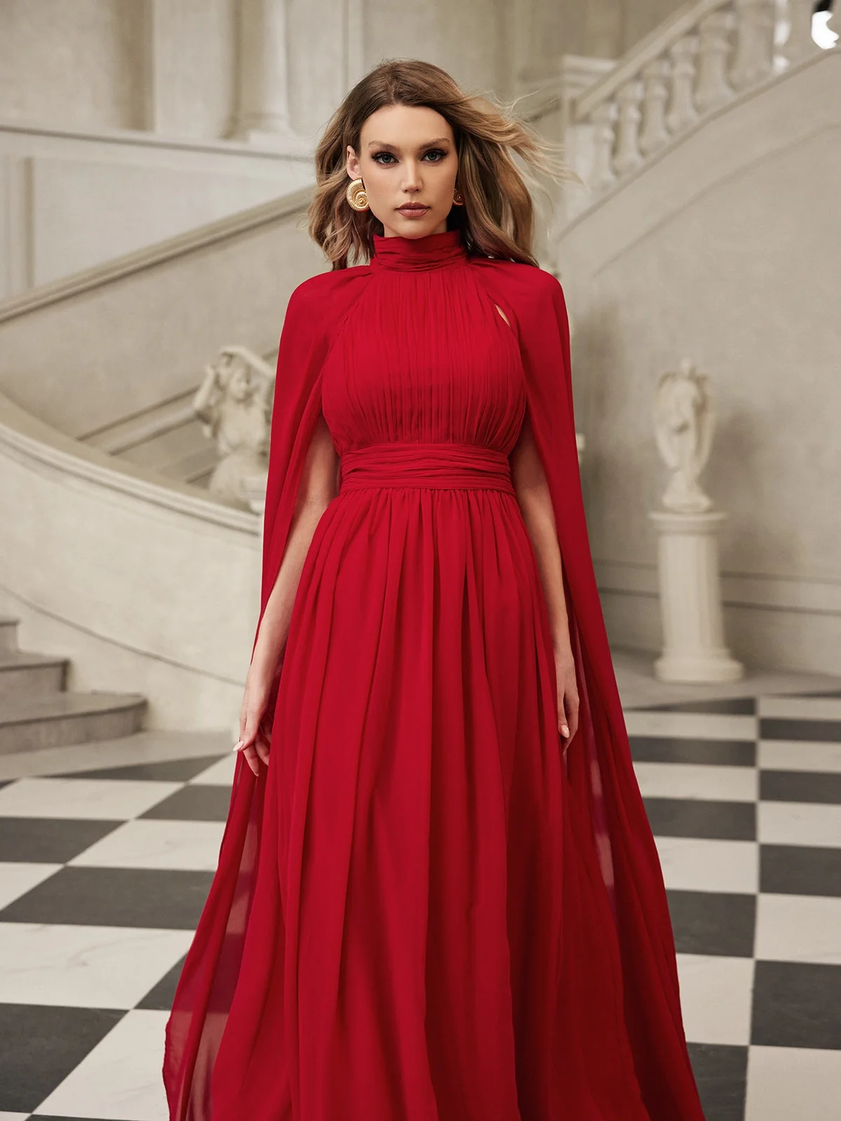 Red Mesh Cape Sleeve Maxi Dress