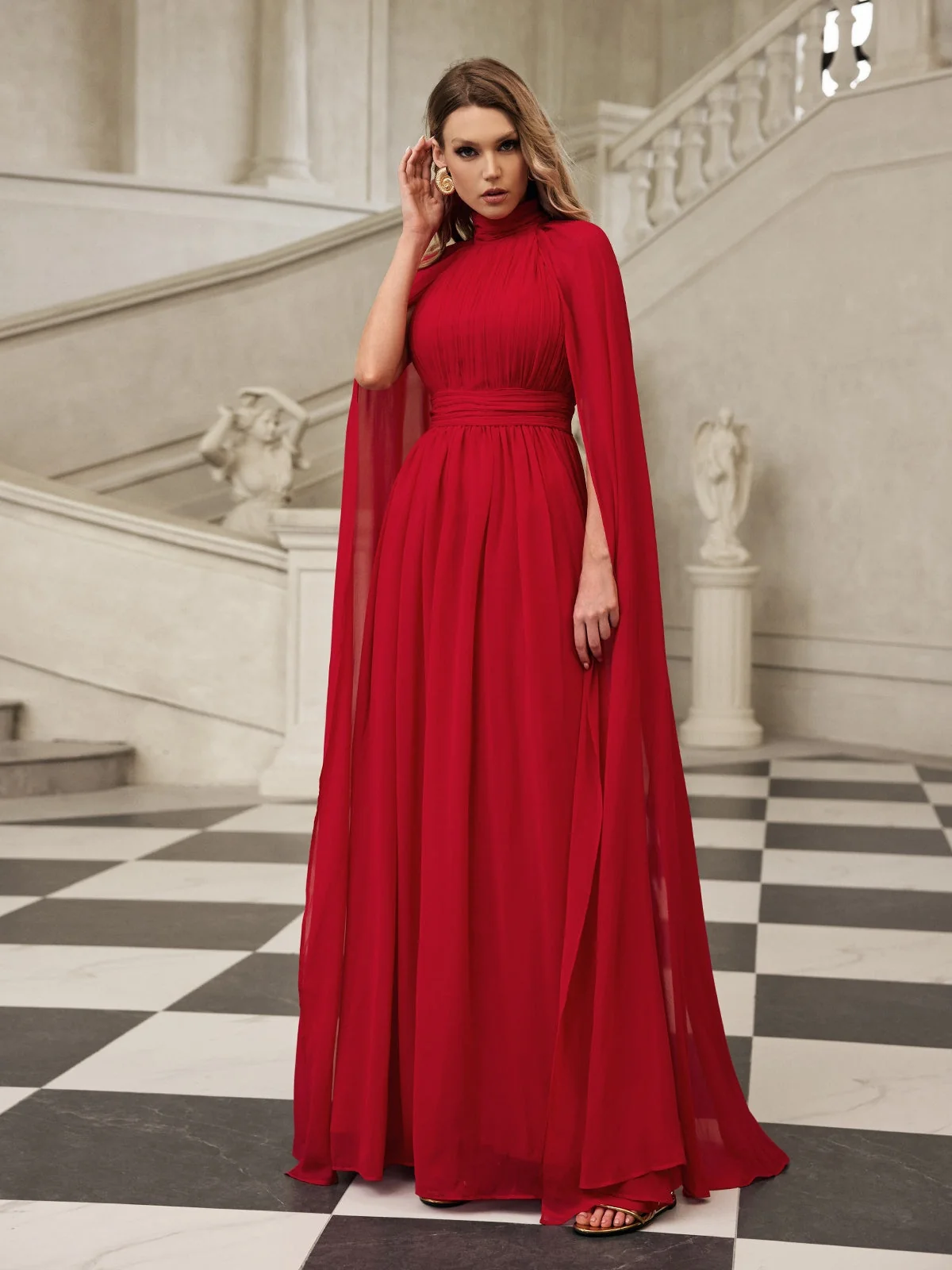 Red Mesh Cape Sleeve Maxi Dress