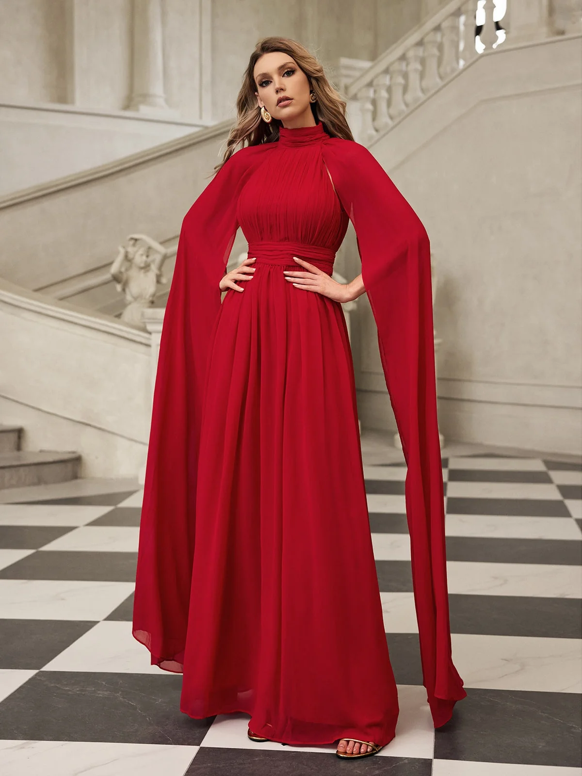 Red Mesh Cape Sleeve Maxi Dress