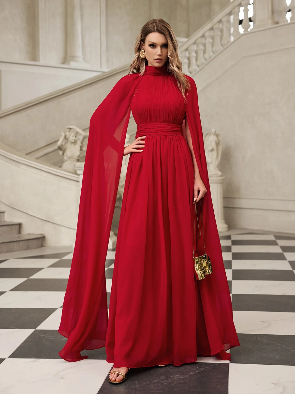 Red Mesh Cape Sleeve Maxi Dress