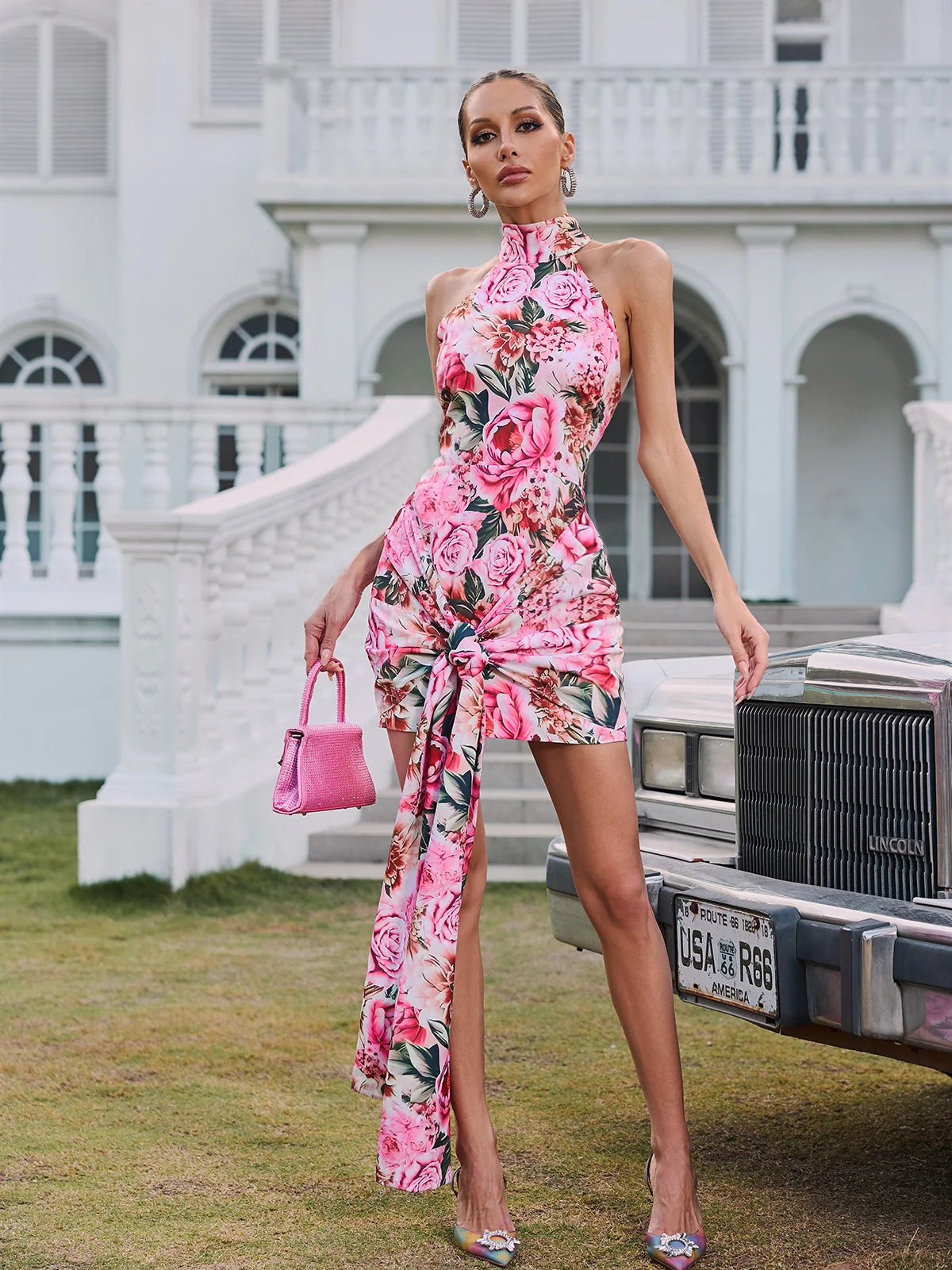 Pink Floral Halterneck Twist Mini Dress