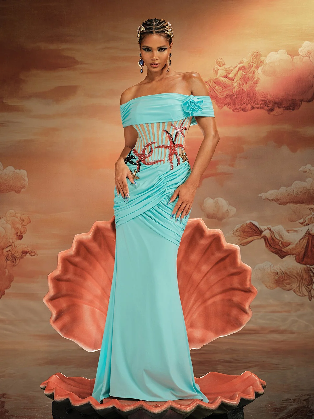 Green Maxi Off-Shoulder Pearl Dress - Elegant Starfish Design