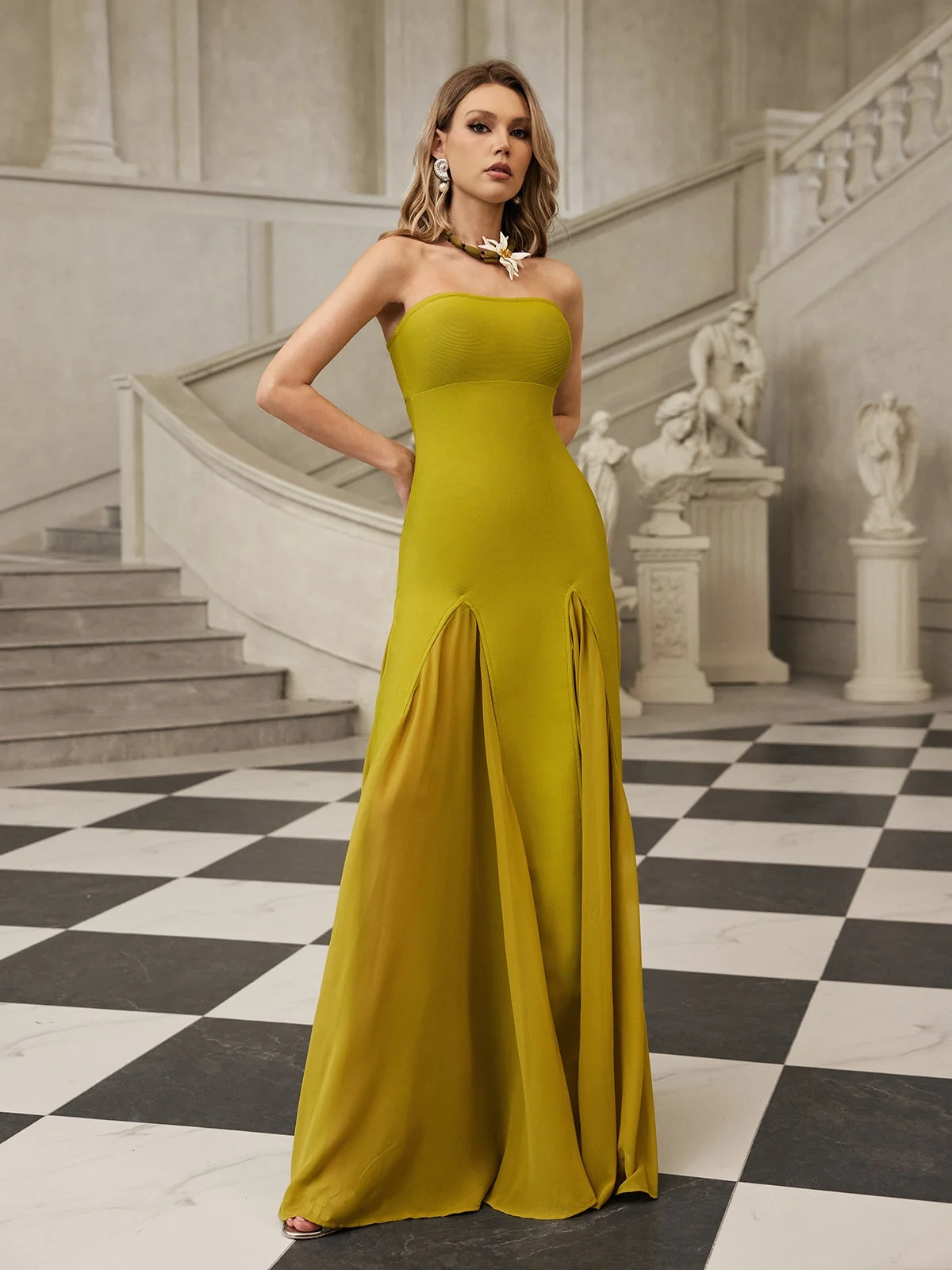 Yellow Strapless Bandage Maxi Dress - Elegant Formal Event Attire