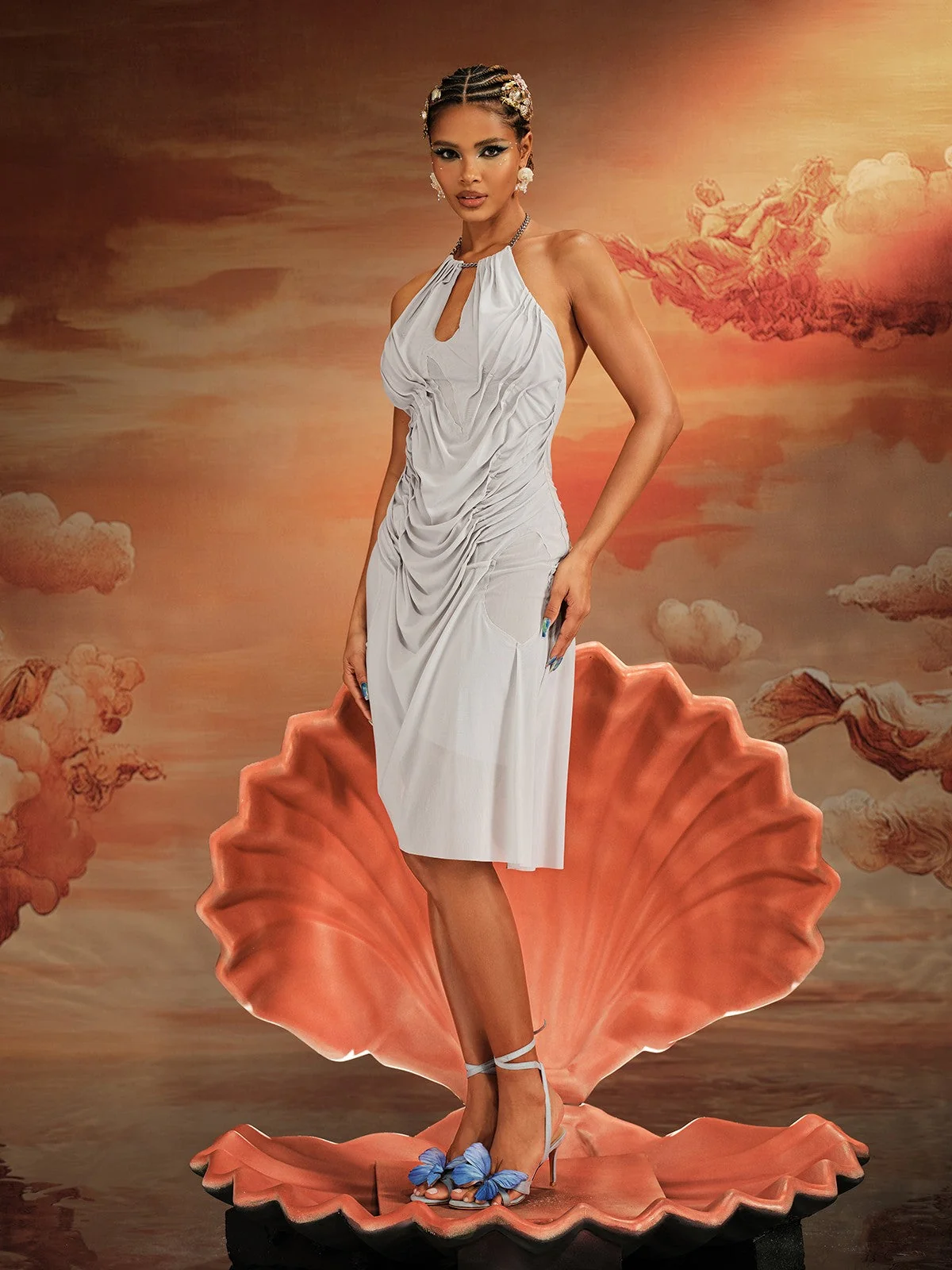 Grey Halterneck Ruched Midi Dress - Comfort & Style Blend