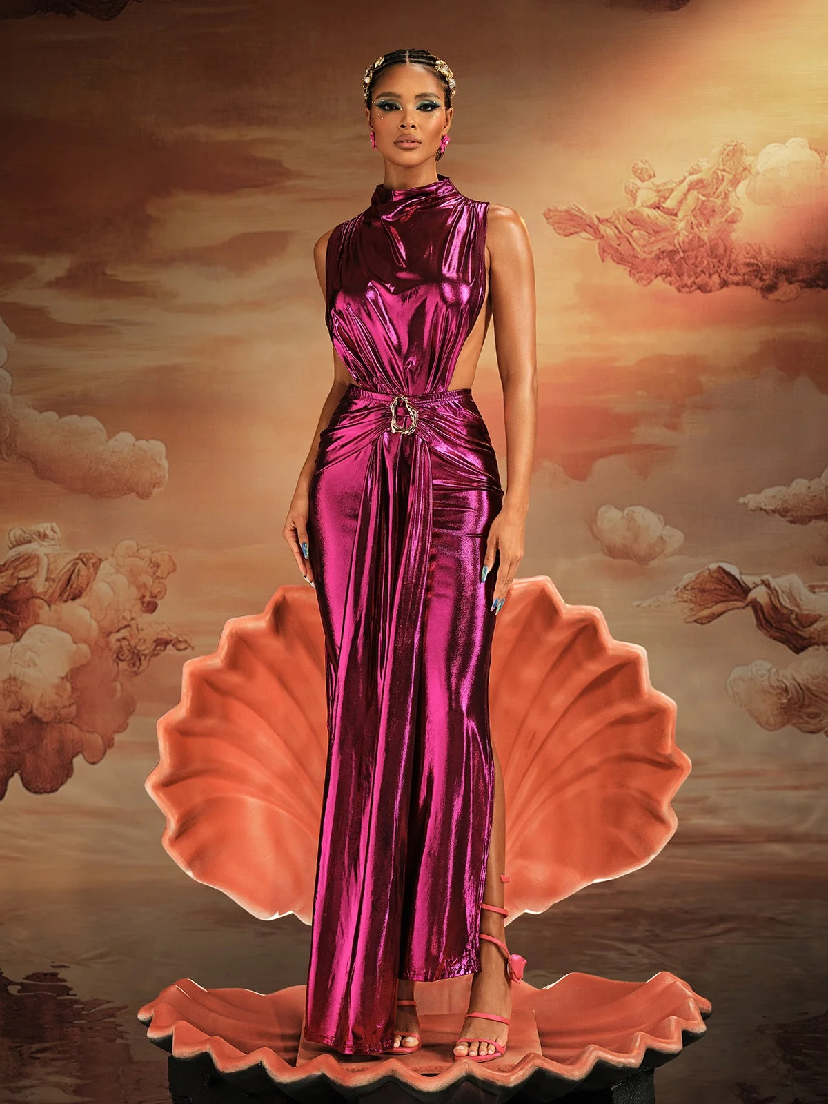 Purple Metallic Draped Maxi Dress - Elegant Statement Piece