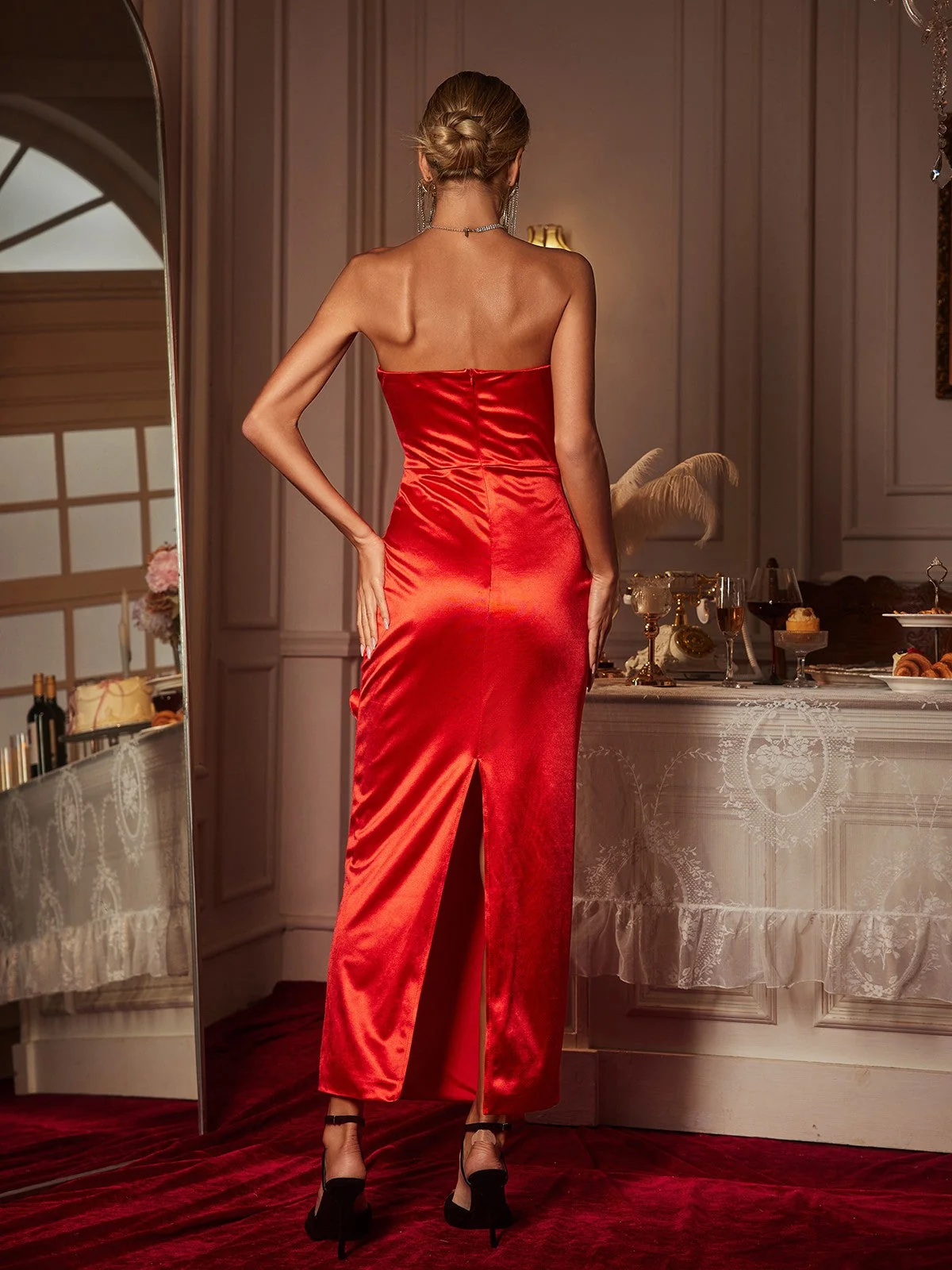 Red Heart Satin Maxi Dress - Elegant Cocktail Attire