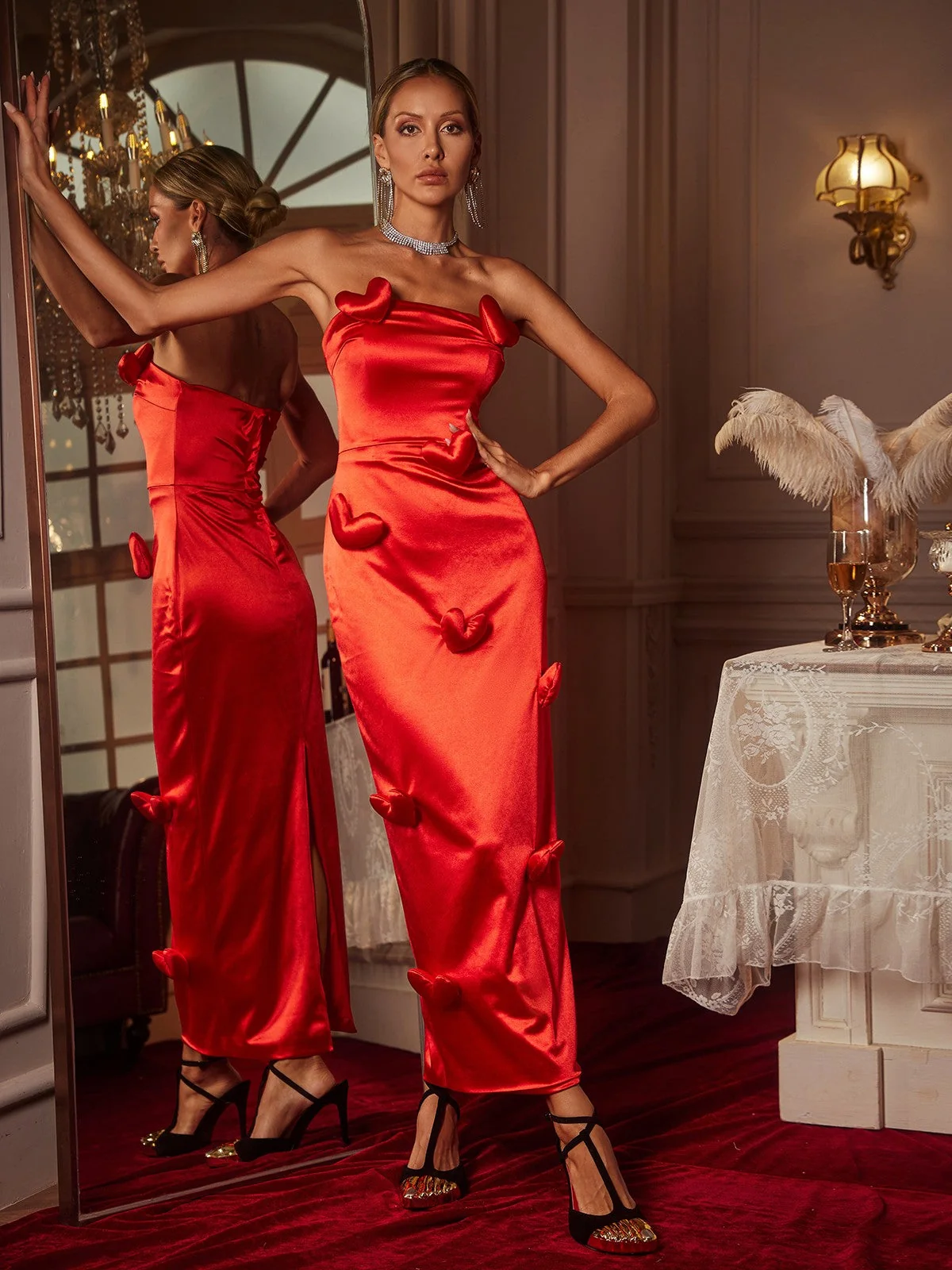 Red Heart Satin Maxi Dress - Elegant Cocktail Attire
