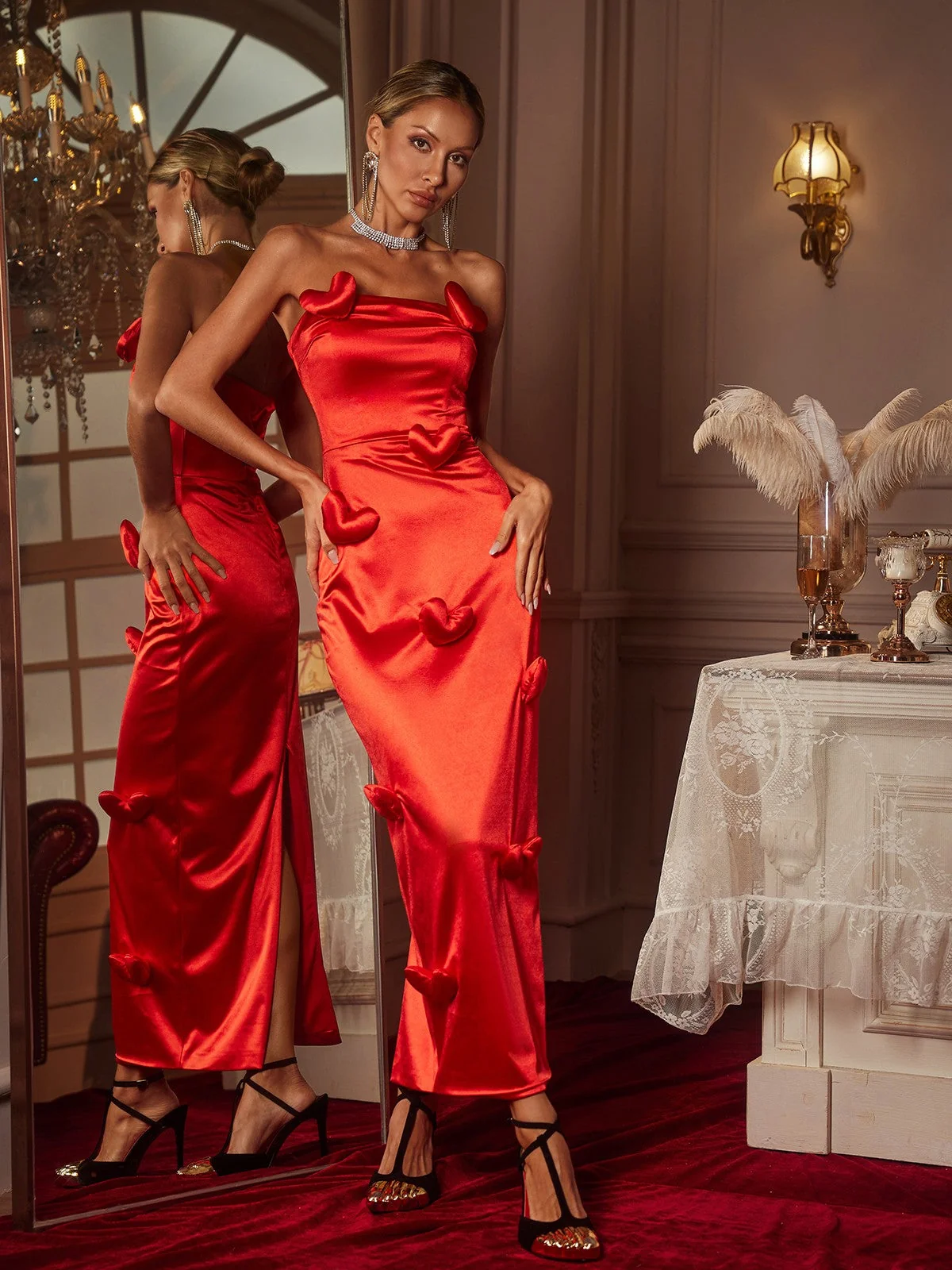 Red Heart Satin Maxi Dress - Elegant Cocktail Attire