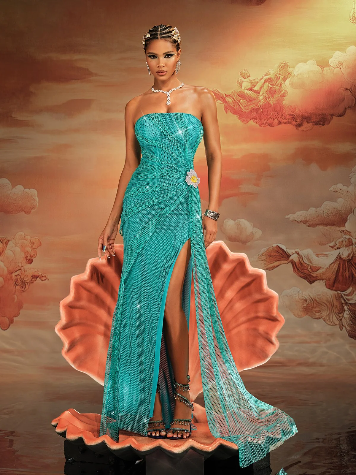 Green Ruched Maxi Dress with Strapless Neckline