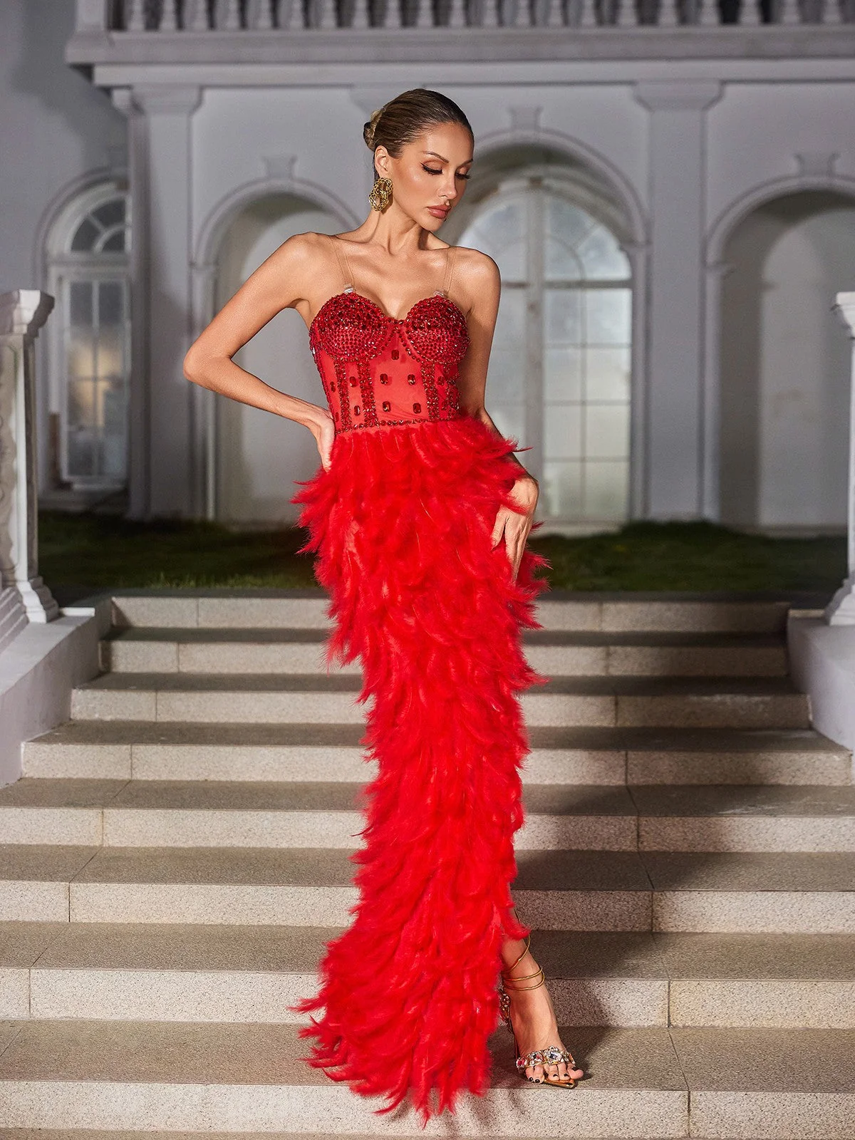 Red Strapless Rhinestone Feather Maxi Dress