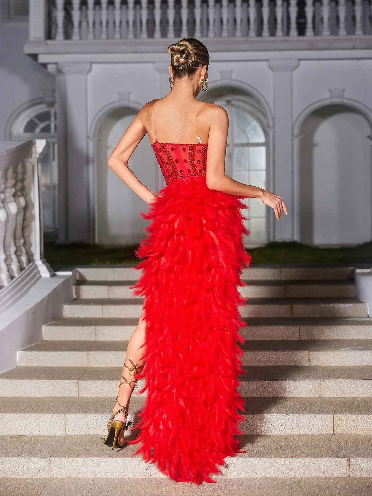 Red Strapless Rhinestone Feather Maxi Dress